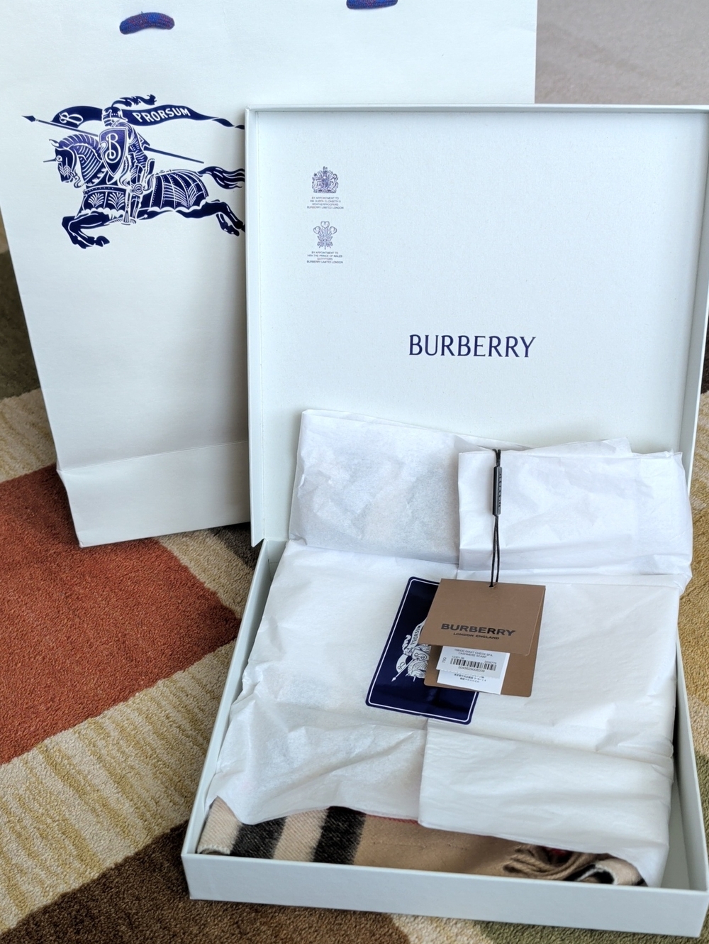 Burberry Giant Check SFA Cashmere Scarf Archive Beige 168X30 Made In Scotland